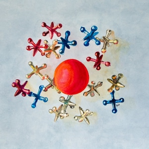 May include: A red rubber ball surrounded by a variety of colorful jacks. The jacks are made of metal and have a star shape. The background is a light blue watercolor wash.
