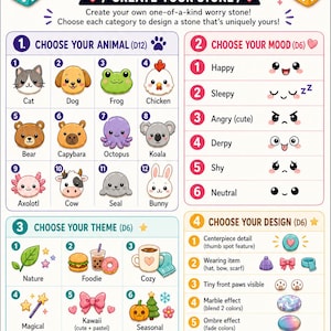 Könnte beinhalten: Eine farbenfrohe Grafik mit Optionen zur Gestaltung eines Sorgensteins. Die Auswahl umfasst Tiere, Stimmungen, Themen, Designs und Texturen. Der Text lautet "Design Your Worry Stone" und "Create Your Stone."