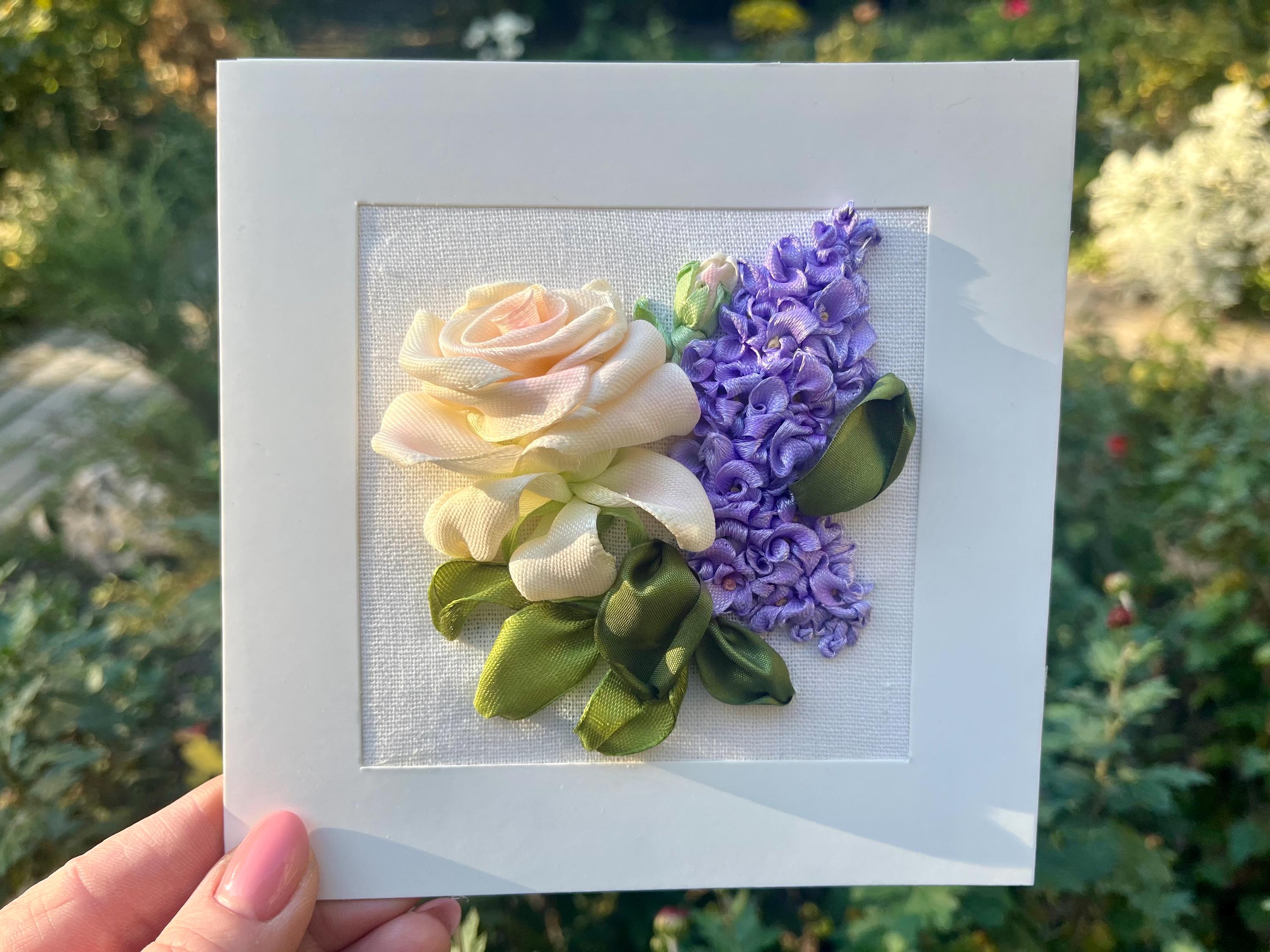 Handmade 3D Ribbon Embroidery Card – Beige Rose and Lilac – Floral Greeting Card – Gift for Mom, Wife, Sister – Birthday or Anniversary gift