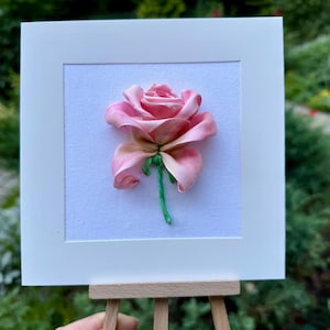 Cartão de rosas 3D feito à mão – Cartão de felicitações bordado com fita 6x6 – Flor de seda rosa – Presente de aniversário para mãe, esposa e irmã – Cartão de aniversário
