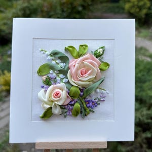 Geburtstagskarte Luxus mit Rosen Handstickerei 4. Jahrestag Geschenk für Sie Handgemachte Karte Ribbon Stickkarte Mama Geburtstag