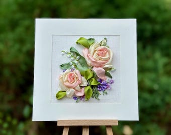 Handmade Greeting Card – 3D Ribbon Rose – Embroidered Card – Floral Card for Mom, Wife, Her – Birthday, Anniversary Gift,Keepsake Card