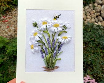 Embroidered birthday card Greeting card Wildflower chamomile Luxury birthday postcard 4 anniversary gift for wife Hand embroidery art