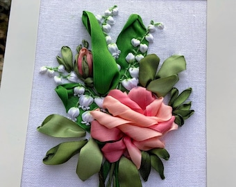 Greeting card with rose and lily of the valley for mom , wife Luxury birthday card Embroidered card For any occasion Mom birthday postcard