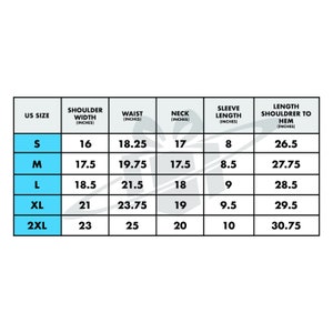 Może przedstawiać: Tabela rozmiar&oacute;w koszuli z wymiarami w calach dla szerokości ramion, talii, szyi, długości rękaw&oacute;w i długości od ramienia do dołu.