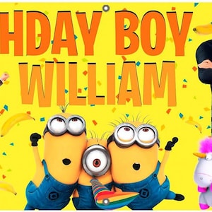 May include: A yellow banner with the text "Birthday Boy William" in orange letters. The banner features characters from the Despicable Me movie franchise, including Gru, the Minions, and Agnes.