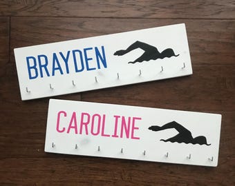 Two Pack, Swim Ribbon Holder Personalized Award Display with Hooks/Clips Bundle