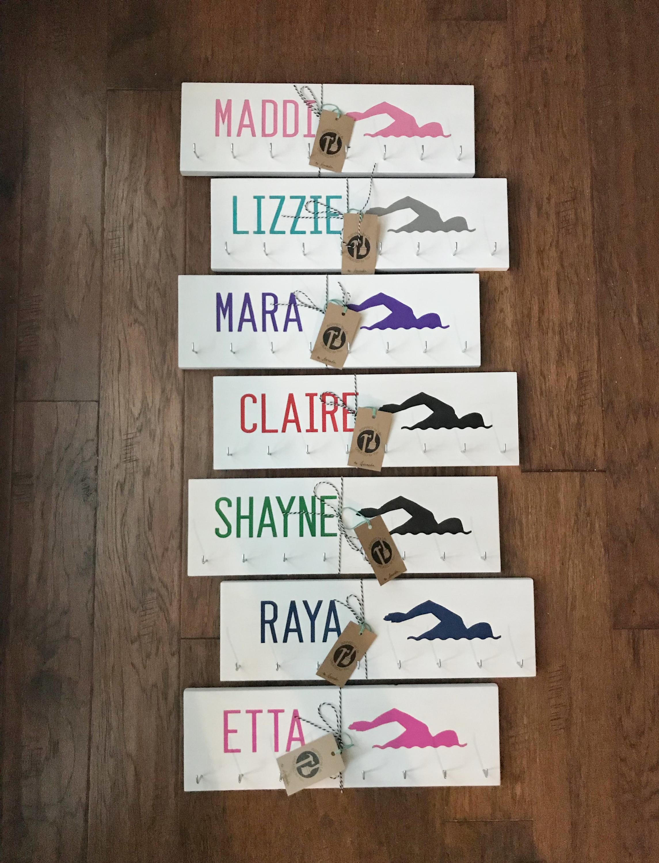 Personalized Swim Ribbon Holder Award Display with Hooks/Clips