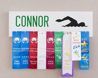 Personalized Swim Ribbon Holder Award Display with Hooks/Clips