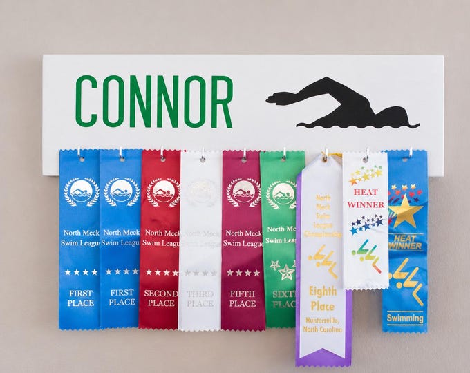 Personalized Swim Ribbon Holder, Custom Swimmer Award Display Board, Kids Swimming Gift, Swim Team Trophy Organizer with Hooks