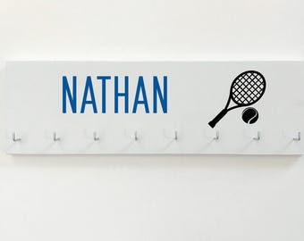 Personalized Tennis Awards Holder with Hooks Clips to display ribbons, metals on your wall