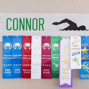 Personalized Swim Ribbon Holder Award Display with Hooks/Clips