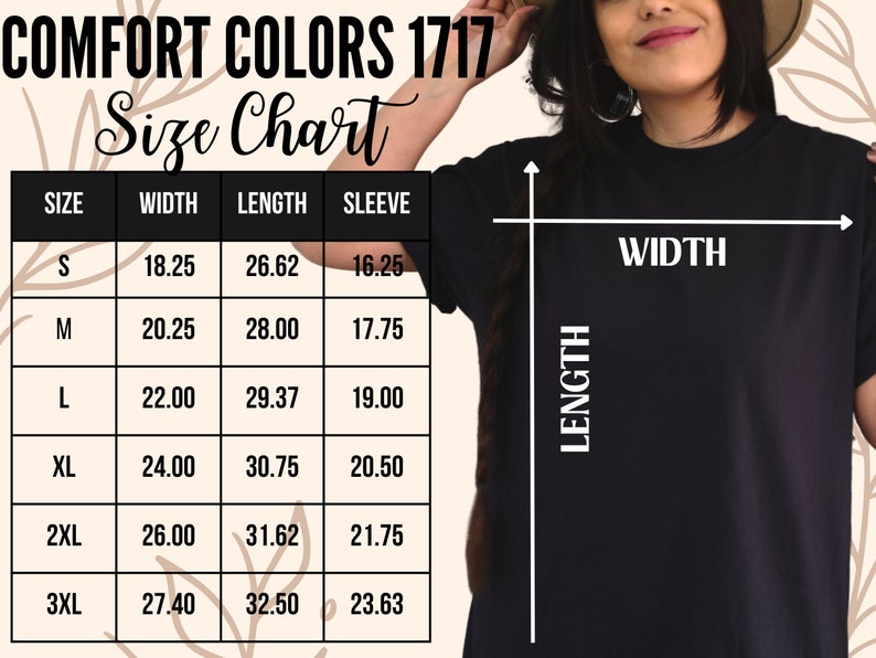 May include: Size chart for t-shirts with measurements in inches for width, length, and sleeve length. Sizes include S, M, L, XL, 2XL, and 3XL.