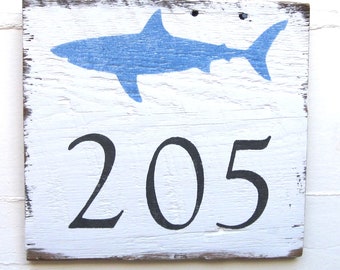 Coastal House Number Sign, Shark Address Sign, Rustic Beach Sign, Beach House Address Plaque, Nautical Decor, Custom Home Address Sign