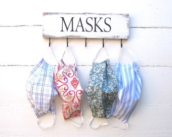 Face Mask Holder, Rustic Home Decor, Entryway Organizer with Hooks, Rustic Wall Sign with Hooks, Face Mask Organizer, Face Mask Holder