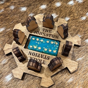 Custom Mexican Train Domino Hub with 9 Wooden Trains Option, Personalized Mexican Train Hub, Dominoes NOT included, Will adjust train slots!