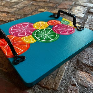 Citrus and Teal Decorative Wood Tray with Iron Handles, Lemon, Lime, Orange, Grapefruit Kitchen Tray, 13.25” Tray, Patio Tray, Serving Board