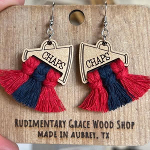 Cheer Personalized Earrings, Custom Cheer Earrings, Megaphone Earrings, Cheer Mom Earrings, School Spirit Macrame Earrings