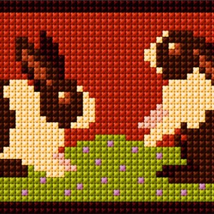 May include: Two brown and white guinea pigs with pink noses are sitting on a green grassy field with purple flowers. The guinea pigs are facing different directions.