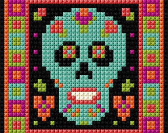 Sugar Skull Cross-stitch Kit, Mini-kit, Easy, Kid&#39;s Craft, Folk Art, Mexican, Dia de Muertos, Day of the Dead, Halloween, Stocking Filler