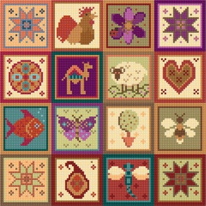 Puede incluir: Una colcha de retazos colorida con 12 cuadrados diferentes que presentan varias imágenes, incluyendo un gallo, un camello, una oveja, un corazón, un pez, una mariposa, un árbol, una abeja, una estrella, un diseño paisley, una libélula y una flor.