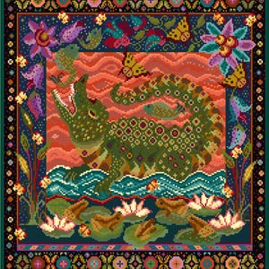 May include: A colorful, square textile featuring a detailed cross-stitch design. The artwork depicts a green alligator in a pond, surrounded by flowers, butterflies, and lily pads. The border is a dark green with floral and geometric patterns.