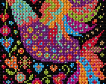 Counted Cross-stitch Kit - Mexican Bird, Mexico, Folk Art, Vibrant, Chart, Lavender Pillow, Picture, Easy, 14 HPI, Black Aida, Gift, Crafts