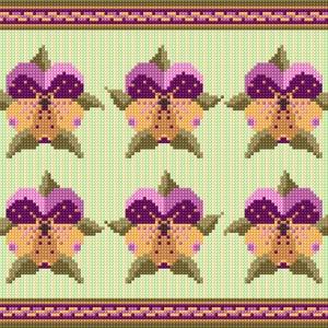 May include: A cross-stitch design featuring six stylized pansies. The flowers have purple petals, yellow centres, and green leaves, set against a light green striped background. The design is framed with a decorative border in shades of purple and brown.