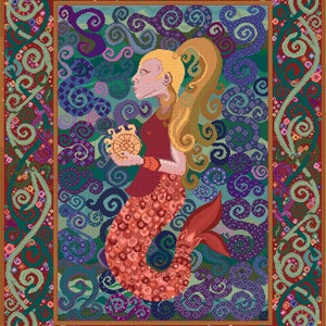 May include: A mermaid with long blonde hair and a red top holds a golden orb in a swirling, colourful, underwater scene. The scene is framed by a decorative border.