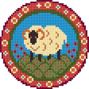 May include: A round cross-stitch pattern featuring a white sheep with black hooves and a brown face standing in a green field with red flowers. The field is surrounded by a red, orange, and yellow border with white flowers.