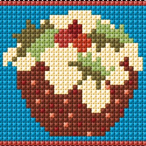 May include: A cross-stitch pattern of a Christmas pudding with red and green holly leaves and red berries on top. The pudding is brown with white icing.