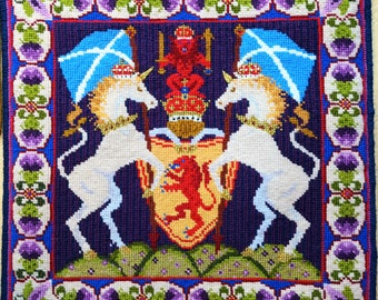 Tapestry Kit - Scottish Coat of Arms, Unicorn, Saltire, Scotland, Counted Cross-stitch. Needlepoint, Lion Rampant, Coronation, King, Thistle
