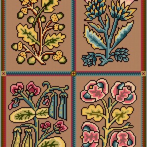 May include: Four different floral designs in a cross-stitch pattern. The designs are a branch of oak leaves with acorns, a blue flower with pink petals, a green plant with pink flowers and pea pods, and a pink flower with yellow leaves.