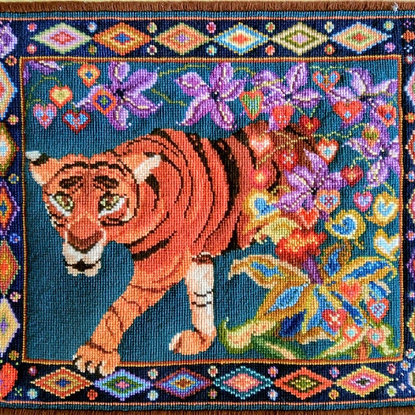 Tiger, Tapestry, Kit, Cushion, Pillow, Needlepoint,  Counted Cross Stitch, Wild Animals, Cats, Embroidery, Stool, Hearts, Tropical, Jungle