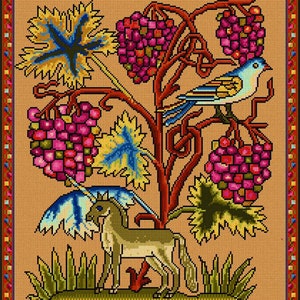 May include: A cross-stitch embroidery design featuring a unicorn standing under a grapevine with pink grapes and a blue bird perched on a branch.