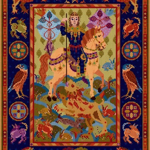 Löwenjagd, Wandteppich, PDF DIGITAL DOWNLOAD, Wandbehang, Kartiert, Gezählter Kreuzstich, Nadelspitze, Mittelalter, Jagdszene