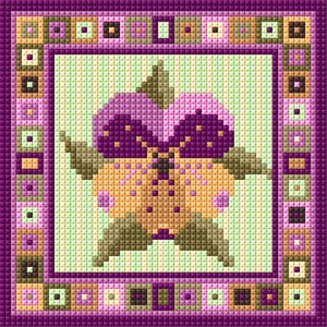 May include: A cross-stitch pattern featuring a purple and orange butterfly with a green background. The butterfly is surrounded by a purple and brown border.