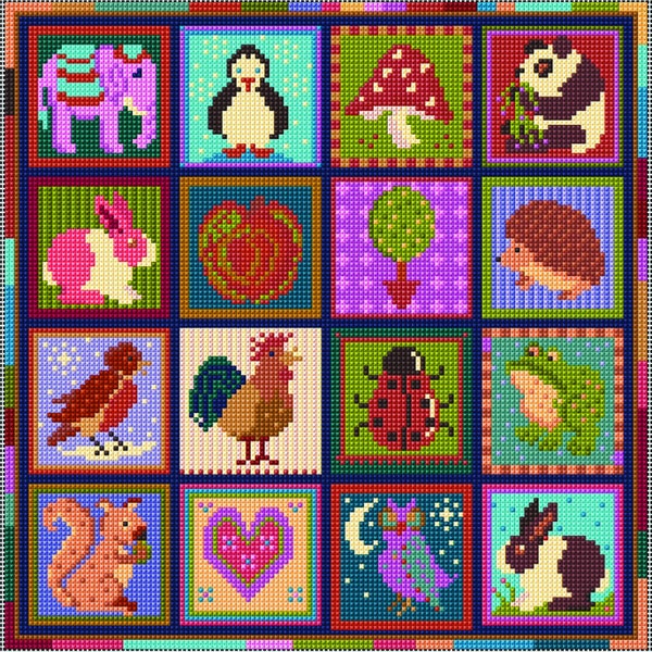 Pequeños bloques de patchwork, descarga digital en formato PDF, tapiz, bordado, punto de cruz, animales, zoológico, petirrojo, habitación de niños, bebé, arte popular