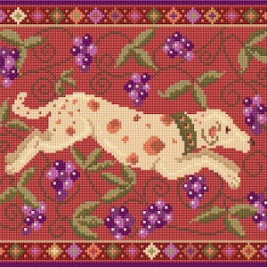 May include: A cross-stitch design depicting a running dog with brown spots, surrounded by purple grapes and green leaves on a red background. The border features a geometric pattern in red, purple, and gold.