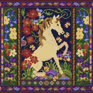 Unicorn's Meadow, PDF DIGITALE DOWNLOAD, Tapijt, Naaldpunt, Kruissteek, Middeleeuws, Bloemen, Altviool, Viooltje, Paard, Lieveheersbeestje, Sleutelbloem