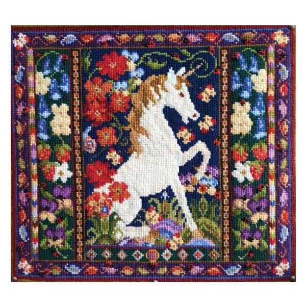 Tapestry Kit - Unicorn's Meadow, Needlepoint Kit, Counted Cross-stitch, Medieval, Horse, Floral, Scotland, Viola, Pansy, Ladybird, Primroses