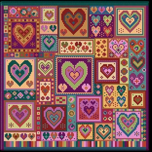 May include: A colorful patchwork quilt with a variety of heart designs in shades of pink, purple, green, and brown. The hearts are arranged in a grid pattern and are surrounded by a border of smaller hearts.