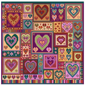 Può includere: Un design di trapunta patchwork colorato con una varietà di cuori in diversi colori e motivi. La trapunta è composta da quadrati e rettangoli, e i cuori sono disposti in modo casuale. La trapunta è un ottimo modo per aggiungere un tocco di amore e fantasia a qualsiasi stanza.