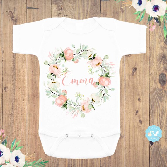 Baby Onesie Baby Clothing and Gifts Personalized Onesie or Childs T-Shirt Baby Floral Name Onesie Baby/'s Flora Wreath Onesie