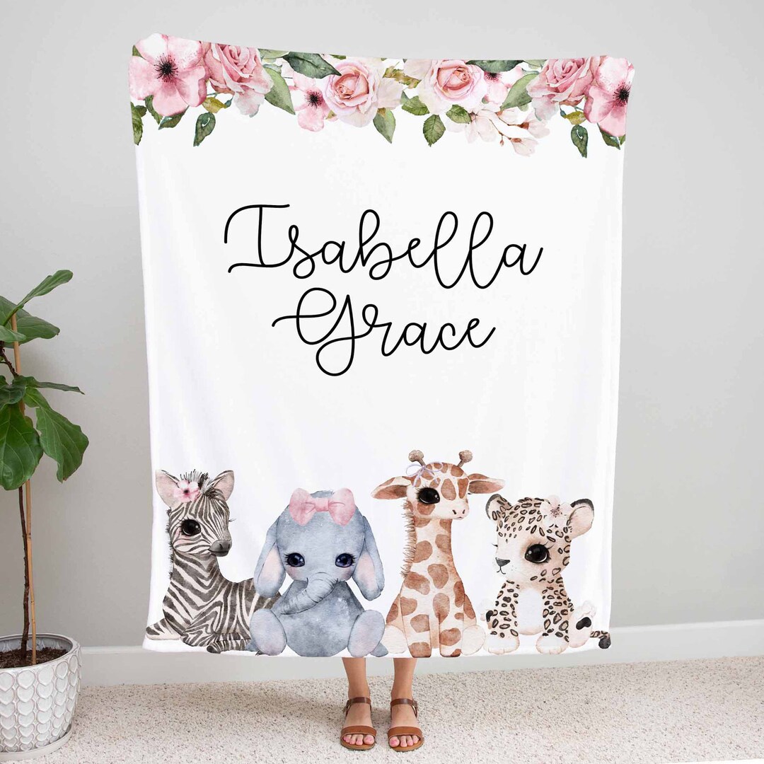 Personalized Baby Blanket, Baby Name Blanket, Baby Girl Safari Blanket ...