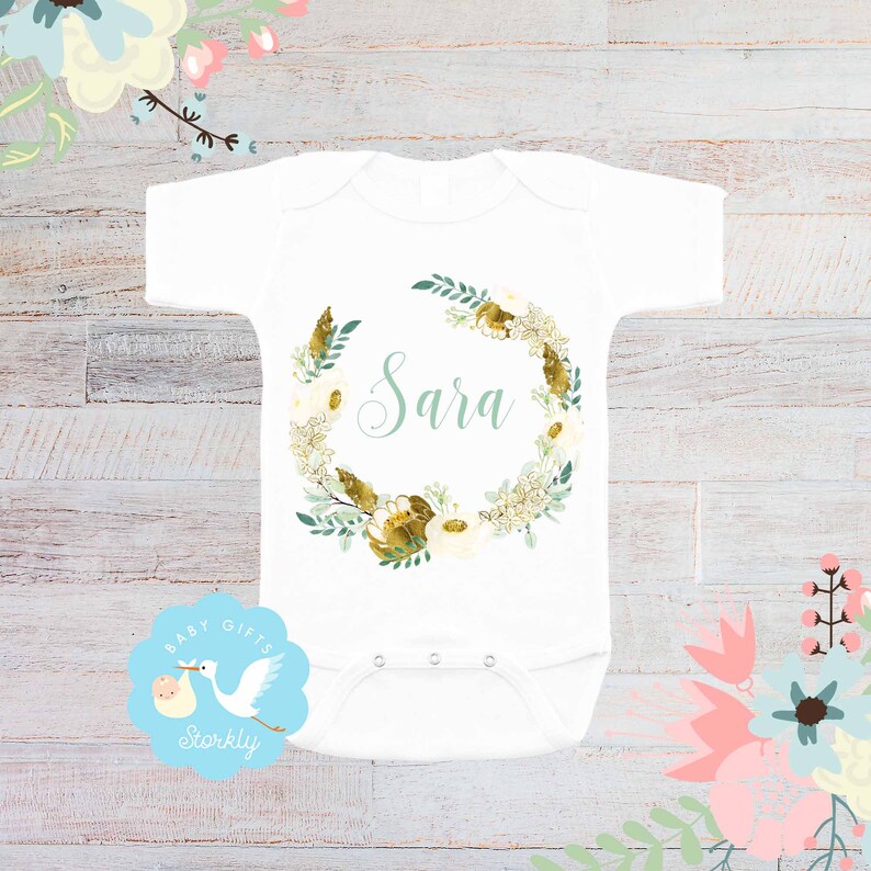 Baby Onesie Baby Clothing and Gifts Personalized Onesie or Childs T-Shirt Baby Floral Name Onesie Baby/'s Flora Wreath Onesie