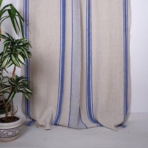 Curtains 100% Linen striped PREWASHED  - window panel. kitchen Living room farmhouse curtains. Grain Sack flax blue black stripes