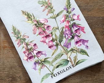 foxglove floral Tea Towel in linen, Botanical Hand Towels Tea in linen, purple flowers linen  Dish Towel  Kitchen Décor Tea Towel in linen