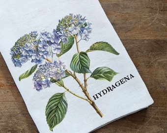 Hydragena floral Tea Towel in linen, Botanical Hand Towels Tea in linen, blue flowers linen  Dish Towel  Kitchen Décor Tea Towel in linen