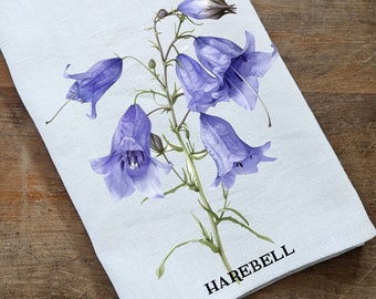 Harebell Tea Towel in linen, floral Hand Towels Tea, botanical Floral Dish Towel, purple flower Kitchen Décor Tea Towel